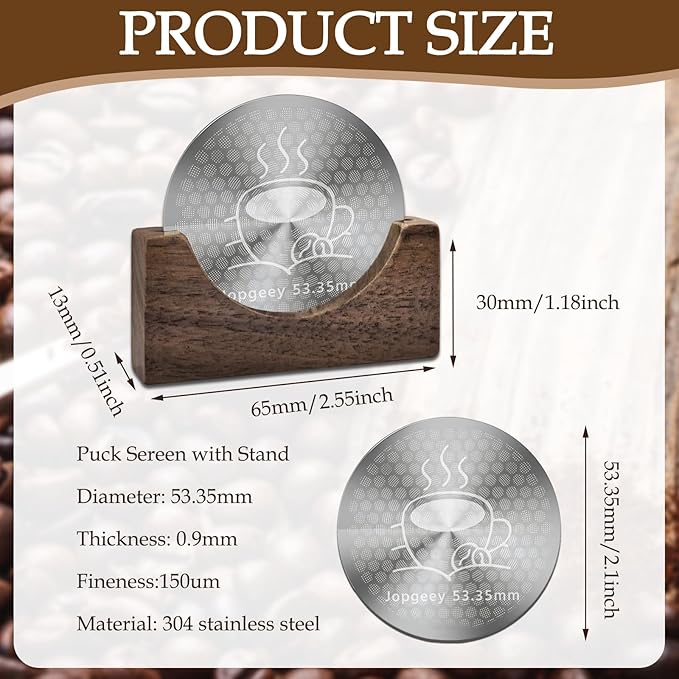 53.35mm Espresso Puck Screen with Stand, 0.9mm 150μm Ultra Thin Reusable Coffee Filter Compatible with Breville Barista 54mm Portafilter Basket, 304 Stainless Steel Espresso Machine Accessories