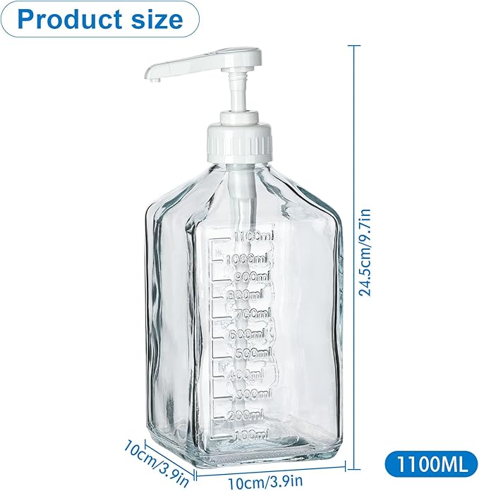 Uceoo Coffee Syrup Dispenser, Glass Syrup Bottle With Plastic Pump, 37 Oz Large Capacity Square Syrup Pump Dispensers for Coffee Bar, Simple Clear Pump Bottle for Honey, Condiments, Salad Dressings