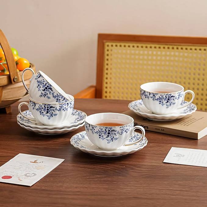 ceramic tea cups and saucers 6oz,floral tea cups for Coffee, Latte, Cafe Mocha and Tea (Little Blue Flowers)