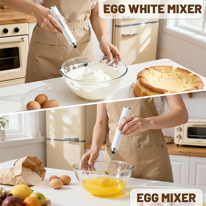 BEoffer Milk Frother Handheld + Stand Rechargeable 2000mAH Power Frother Wand Electric Foam Maker with 2 Stainless Whisks 3 Speeds Drink Mixer Coffee Frother for Latte, Cappuccino Matcha Hot Chocolate