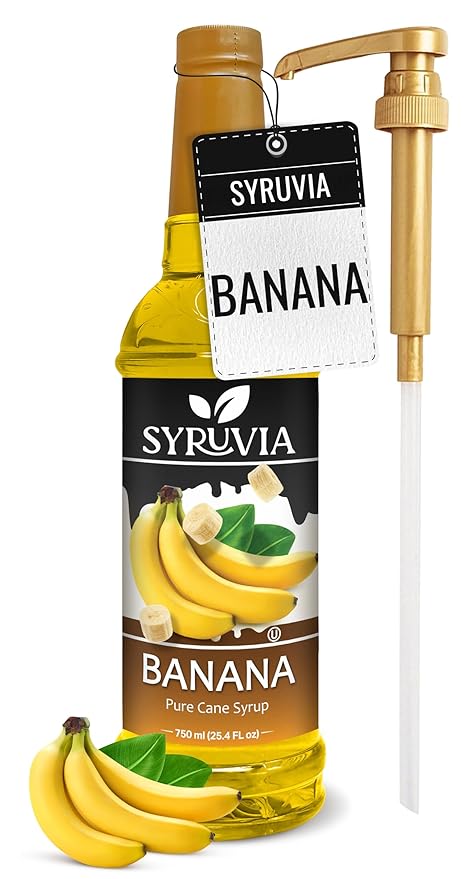 Syruvia Banana Premium Coffee Flavoring Syrup - 25.4 fl oz - Kosher Syrups, Gluten Free, No Coloring, Perfect for Drinks, Soda, Shakes, Cocktails, Desserts, and More With Pump