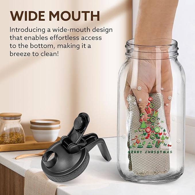 Christmas Gift for Mom,Mason Jar Pitcher, 64 oz Glass Milk Pitcher, Wide Mouth & Leakproof Glass Pitcher with Lid for milk, Sun Tea, Juice, Cold Brew Coffee and Drinks(Christmas tree）