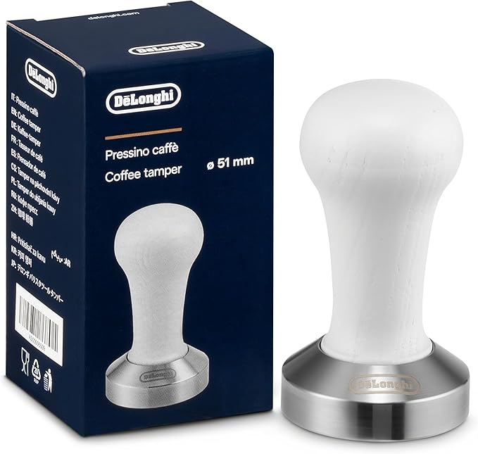 De'Longhi 51mm Diameter Coffee and Espresso Tamper, Stainless Steel and White Wood