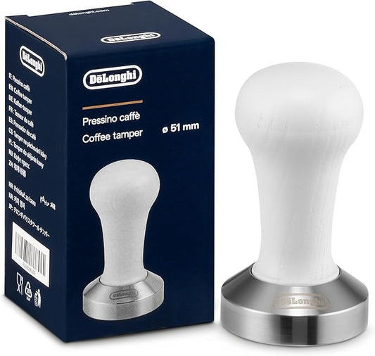 De'Longhi 51mm Diameter Coffee and Espresso Tamper, Stainless Steel and White Wood
