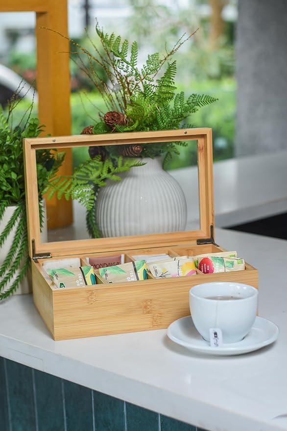 Acacia Wood and Bamboo Tea Bag Organizer - 4 & 8 Compartment Tea Box for Countertop - Tea Station & Coffee Bar Accessories - Fits Large & Craft Tea Bags (Wood, 8 Compartment)