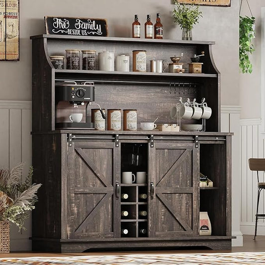 47 Inch Farmhouse Coffee Bar Cabinet with 3-Tier Storage, Coffee Bar Hutch with 9 Wine Racks, 3 Glass Holders, 6 Hooks, Kitchen Storage Cabinets for Dining Living Room, Oak