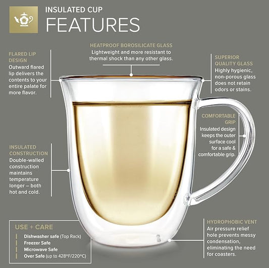 Teabloom Double Walled Borosilicate Glasses – Set of 2 Insulated Glass Cups for Tea, Coffee and More - 12 oz / 350 ml – Canterbury Bells Collection