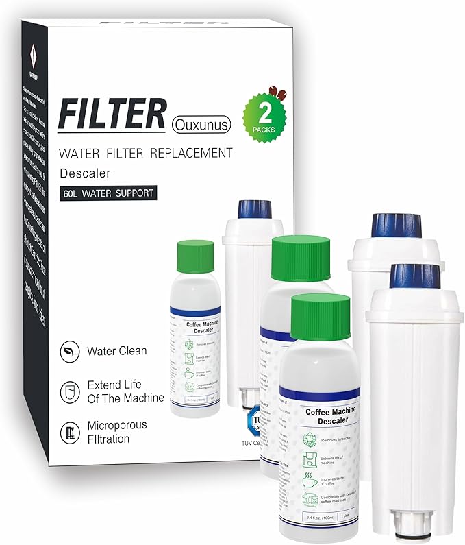 Ouxunus Descaling Kit Compatible with Delonghi Coffee Machines: 2 Full Maintenance Cycles | 2 Compatible with De'Longhi water Filters + 2x100ml Descaling Solution Replace Every 3 Months （6-Month）