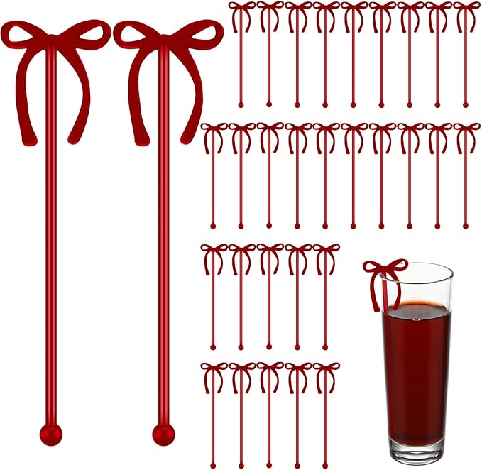 30 Pcs 6 Inch Valentine Party Stirrers, Bow Stir Sticks Coffee Stirrers Reusable Plastic Swizzle Sticks for Wedding Birthday Bridal Cocktail Decorations Galentines Supplies(Burgundy)