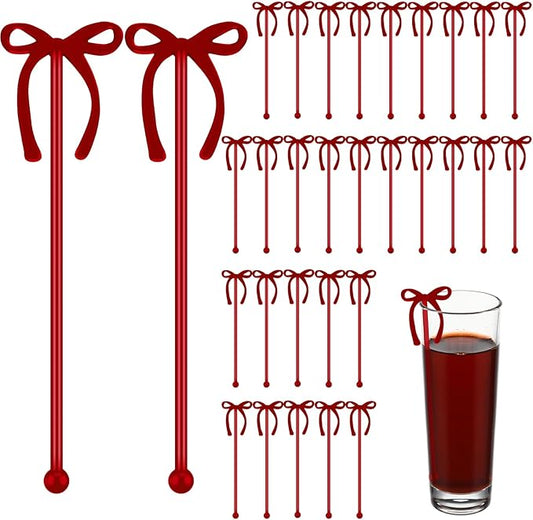 30 Pcs 6 Inch Valentine Party Stirrers, Bow Stir Sticks Coffee Stirrers Reusable Plastic Swizzle Sticks for Wedding Birthday Bridal Cocktail Decorations Galentines Supplies(Burgundy)