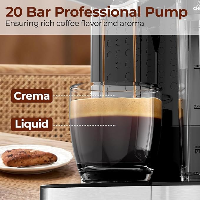 Espresso Machine 20 Bar, Super Compact Espresso Maker Stainless Steel with Touch Screen, Professional Coffee Machine, Automatic Milk Frother for Cappuccino