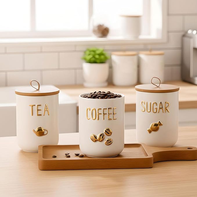 jessie 27oz Ceramics Coffee Canisters with Airtight Seal Bamboo Lid Silicone,Coffee Bean Storage for Kitchen Countertop,Food Storage Jars for Coffee Bean Ground Coffee (Tea)