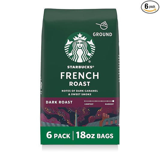 Starbucks Ground Coffee, Dark Roast Hot or Iced Coffee, French Roast, Six 18 oz Bags