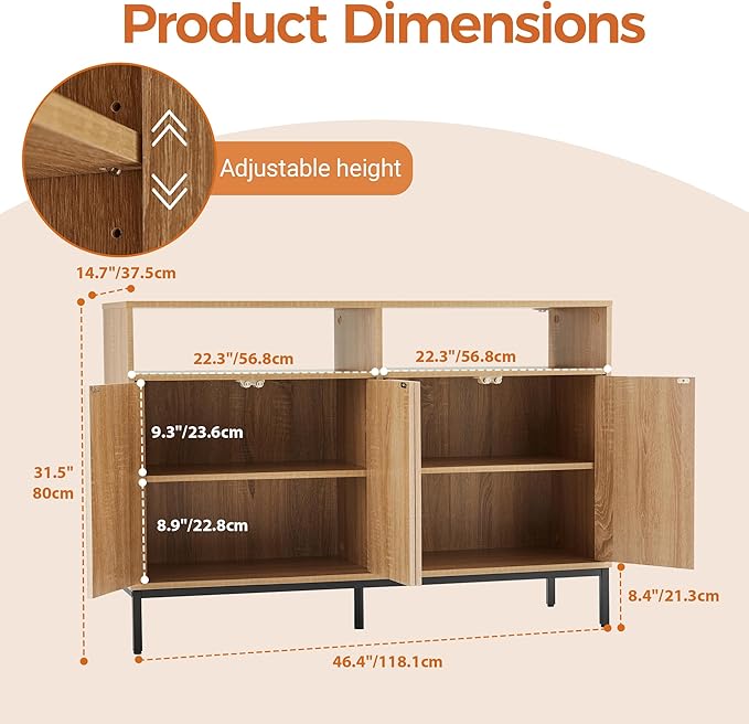 Mericonia Farmhouse Buffet Sideboard Cabinet with Storage, Fluted Coffee Bar with Doors and Adjustable Shelves, Modern Wood Console Cabinet for Kitchen, Livingroom (Fluted 4 Door, Natural)