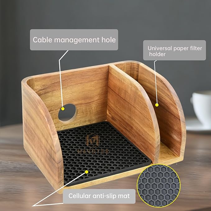 Acacia Coffee Bar Station Organizer Stand, Wooden Pour Over Maker Caddy Storage Organizers, Coffee Filter Holder for Countertop with Heatproof Mat (9.4*7*5.1 inch) Glass Cofee Maker not included