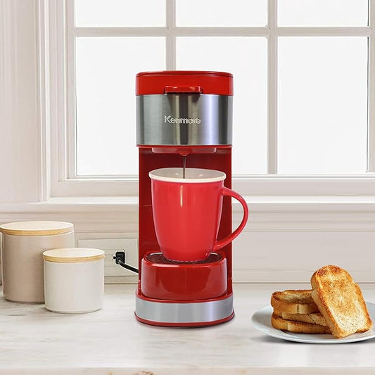 Kenmore Single Serve Coffee Maker – Compatible with Keurig K‑Cup Pods & Ground Coffee, One Cup Brewer, 6–14 Oz Brew Sizes, Travel Mug Friendly, Auto Shut‑Off, Hot & Iced Maquina de cafe, Red
