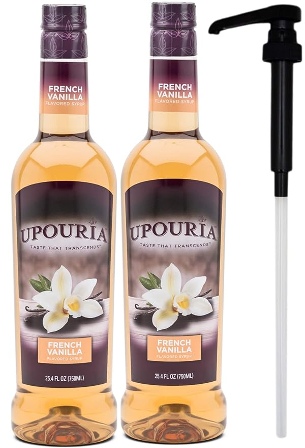Upouria French Vanilla Coffee Syrup Flavoring, 100% Vegan, Gluten-Free, Kosher, 750 mL Bottle (Pack of 2) with Coffee Syrup Pump