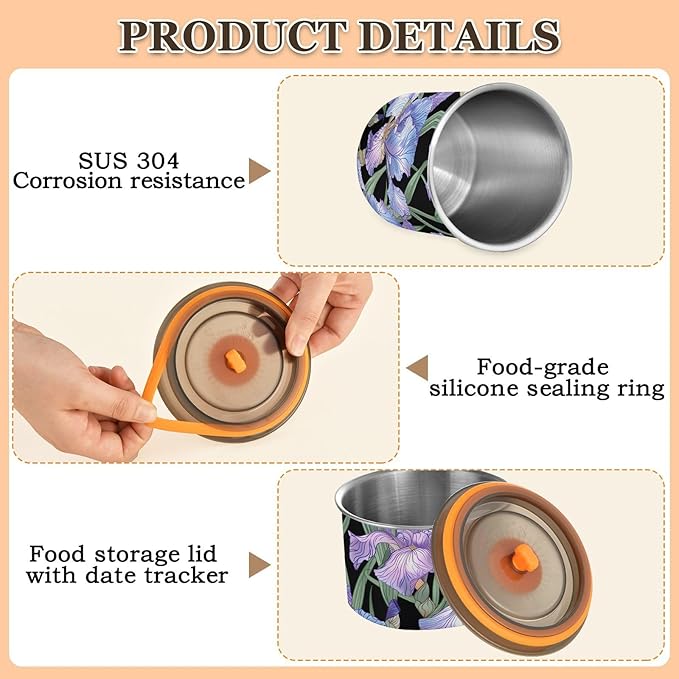 ALAZA Purple Iris Flowers Floral Airtight Coffee Bean Canister 900ml Food Storage Containers with Lids For Gournd, Tea, Sugar, Flour, Rice, Cereal, Candy Cookie Jar