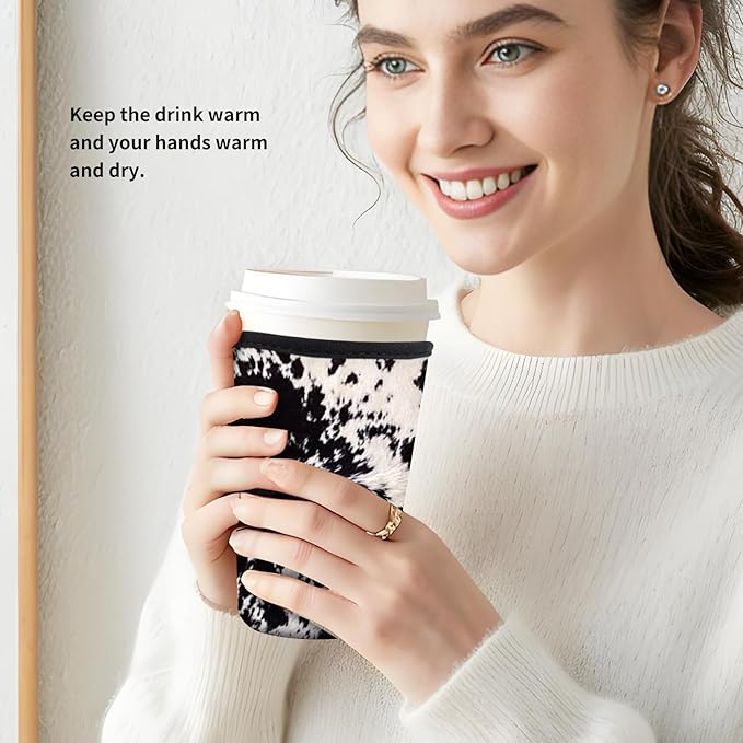 Reusable Neoprene Insulator Sleeve for Iced Coffee Cold Soda Cups, Cute Durable Drink Sleeve for Cold Beverages, Medium 22-28oz Cup Sleeve Luxuious Cow Print