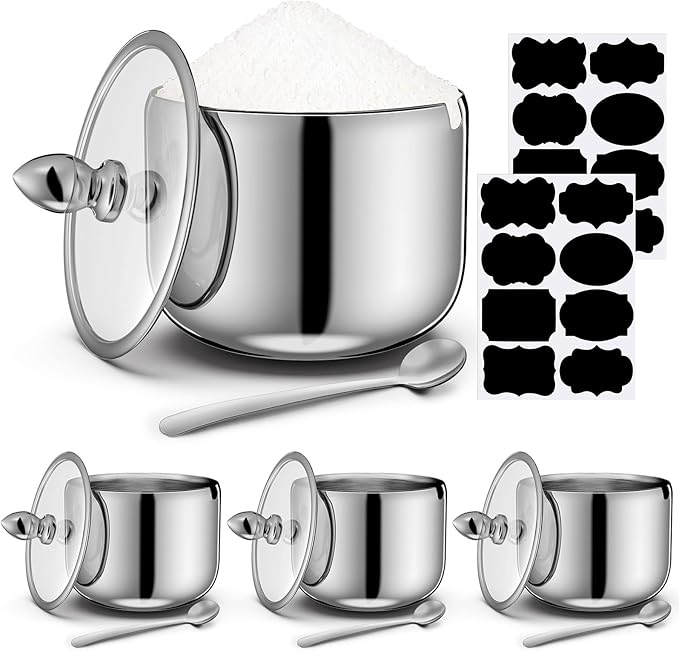 Baderke 4 Pcs 9.8 oz Stainless Steel Sugar Bowl Sugar Container Condiment Dispenser with Lid and Spoon with Tag for Spice Coffee Tea Pepper Herbs (Silver)