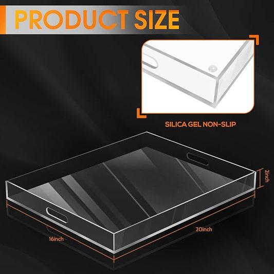 MAONAME Acrylic Serving Tray with Handles, 20" x 16" Rectangular Clear Tray, Ottoman Decorative Trays, Coffee Table Trays for Countertop, Living Room, Office