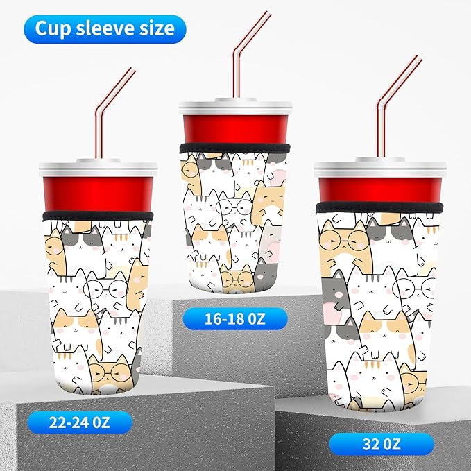 3 Pack Reusable Neoprene Insulator Sleeve for Iced Coffee Cups, Funny Coffee Cup Sleeves for 16-32oz Coffee cups, Cute Drink Sleeve for Cold Hot Beverages Cute Cats