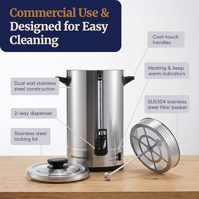 Elite Gourmet 100-Cup Commercial Coffee Urn & Hot Water Boiler – Dual-Wall Insulated, Tested to Keep Coffee Hot for 24 Hours, Dripless Faucet, Stainless Steel for Offices, Churches & Catering