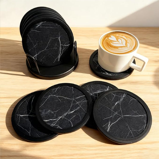 Set of 6 Non-Slip Silicone Coasters with Holder, Double-Sided Absorbent for Hot/Cold Drinks, Scratch & Water Ring Protection for Wood Tables, Home Office Bar, Black Gold Marble (Black White Pattern)