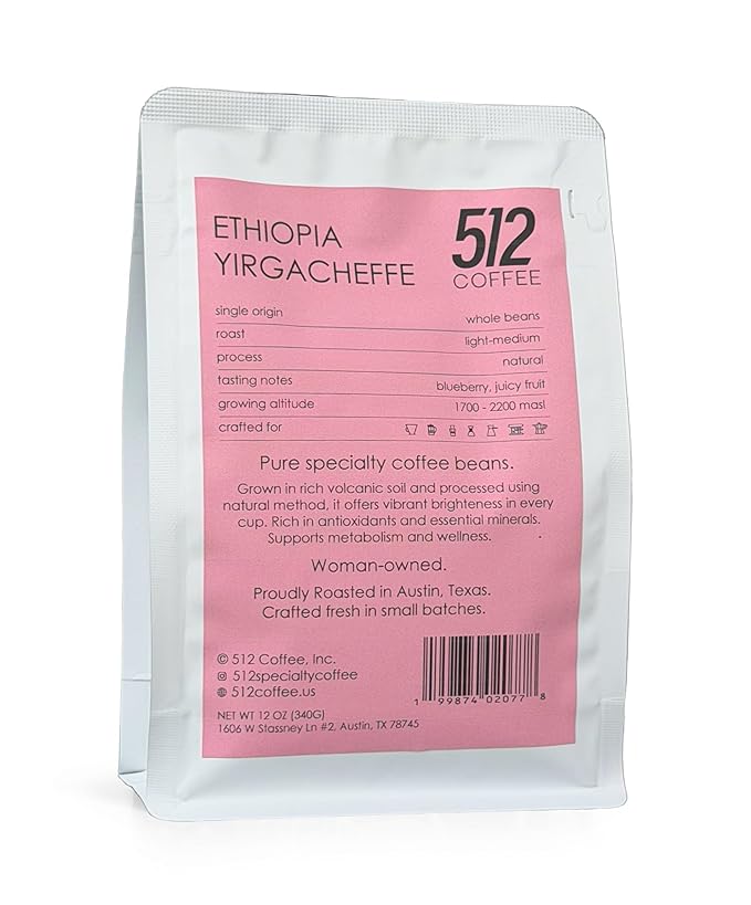 512 Coffee Ethiopia Yirgacheffe Light Roast Whole Bean – Specialty Single Origin with Tasting Notes of blueberry, juicy fruit, and a natural sweetness – Fresh Roasted for Filter Brewing (12 Ounce, Ethiopia Natural)