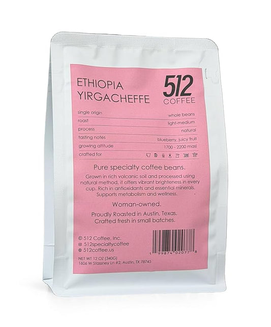 512 Coffee Ethiopia Yirgacheffe Light Roast Whole Bean – Specialty Single Origin with Tasting Notes of blueberry, juicy fruit, and a natural sweetness – Fresh Roasted for Filter Brewing (12 Ounce, Ethiopia Natural)
