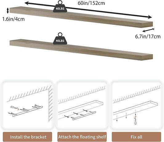 60 inch Long Floating Shelves for Wall,Solid Wood Long Shelves Set of 2,Natural Rustic Mounted Shelves for Bathroom Living Room (Natural, 60 Inch)