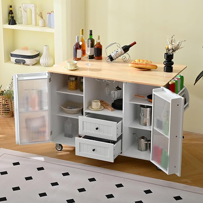 Brrnoo Kitchen Island Cart with Wood, 29.5"" Width Mobile Carts with Storage Cabinet, Rolling Kitchen Table with Spice Rack and Drawer, Portable Islands on Wheels, White