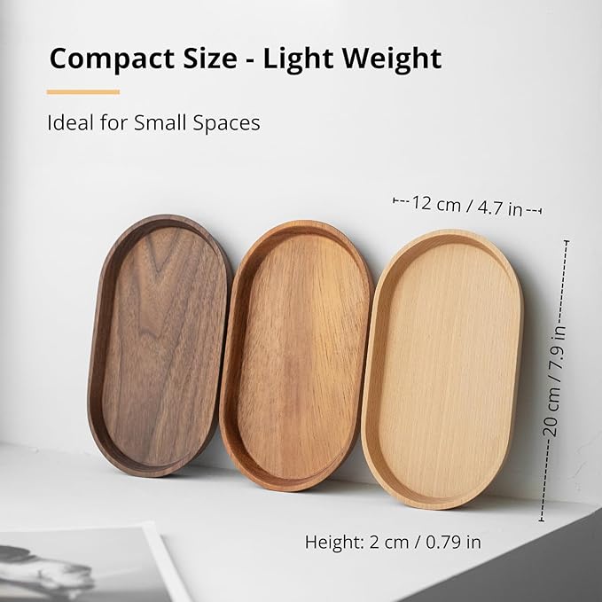 Mini Serving Trays for Parties, Small Decorative Tray for Tea＆Coffee, Oval Wooden Plates for Serving Food for Appetizer＆Vegetables for Bathroom 7.8"×4.6" (Walnut, Set of 2)