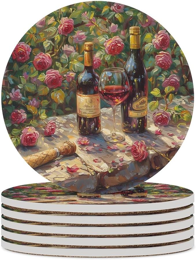 Red Wine Drink Coasters, Round Ceramic Drink Coaster Round-6PCS, Oil Painting Style Red Wine Floral Rose Flower Pattern Decor Absorbent Ceramic Coasters for Beverage Cup, Bar, Coffee Table