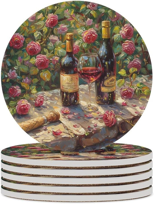 Red Wine Drink Coasters, Round Ceramic Drink Coaster Round-6PCS, Oil Painting Style Red Wine Floral Rose Flower Pattern Decor Absorbent Ceramic Coasters for Beverage Cup, Bar, Coffee Table