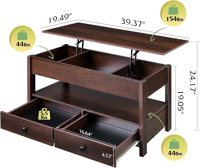 WLIVE Coffee Table, Lift Top Coffee Table with 2 Drawers, Large Storage and Open Shelf, Lift Tabletop for Living Room, Dining Table, Espresso
