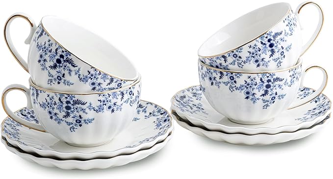 ceramic tea cups and saucers 6oz,floral tea cups for Coffee, Latte, Cafe Mocha and Tea (Little Blue Flowers)
