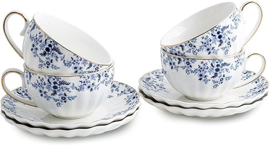 ceramic tea cups and saucers 6oz,floral tea cups for Coffee, Latte, Cafe Mocha and Tea (Little Blue Flowers)