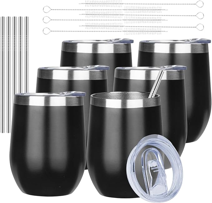 MEZMUT 12 Oz Insulated Wine Tumbler with Lid Double Wall Vacuum Stainless Steel Wine Glass Coffee Mug Insulated Tumbler Cup for Champaign, Cocktail, Beer (Black, 6 Pack)