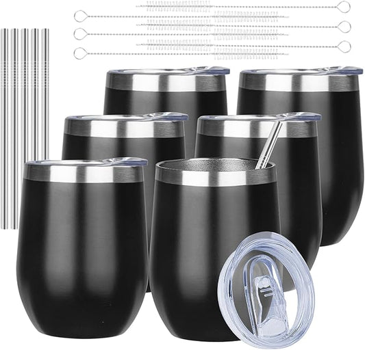 MEZMUT 12 Oz Insulated Wine Tumbler with Lid Double Wall Vacuum Stainless Steel Wine Glass Coffee Mug Insulated Tumbler Cup for Champaign, Cocktail, Beer (Black, 6 Pack)