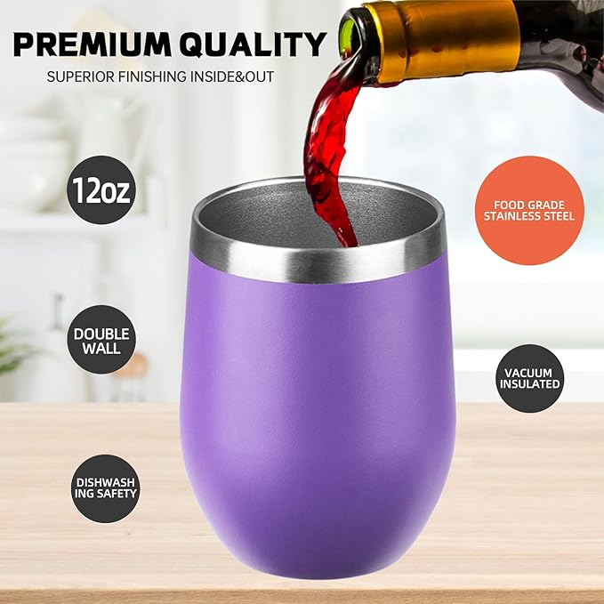 StarSpeed 12oz/6 Pack Wine Tumbler with lid, Stainless Steel Travel Mugs Stemless Double Wall Insulated Coffee Cup, Insulated Wine Glasses Travel Tumbler for Cold & Hot Drinks(Purple, 6)