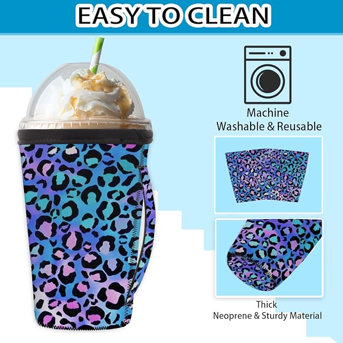 Purple And Blue Leopard Reusable Insulator Coffee Sleeves for Drinks Beverages, Neoprene Holder with Handle for Most Coffee or Ice Drink, 30-32oz