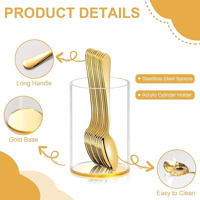 12 Pcs Gold Coffee Spoons with Holder 4.92 Inch Demitasse Espresso Spoons Mini Coffee Spoons Gold Tiny Dessert Spoons Small Tea Spoon Stainless Steel Acrylic Cylinder Holder for Party Coffee Bar Home