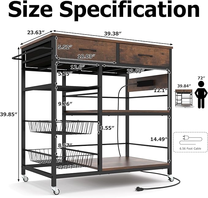 Kitchen Island with Storage,Industrial Kitchen Island on Wheels,Rolling Kitchen Island Cart with Power Outlet,Modern Island Table for Kitchen with Drawers,Shelves and Baskets,Rustic Brown