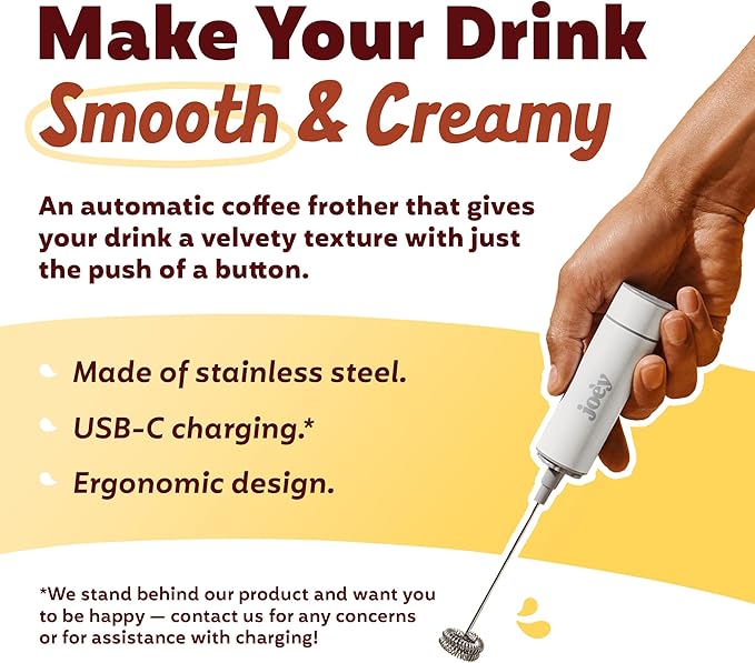 Joe'y Electric Milk Frother, USB Rechargeable Handheld Mixer, Dual Speed Stainless Steel Frother Wand with Double Whisk for Coffee, Lattes, Matcha, Includes Travel Case, Coffee Bar Accessories, White