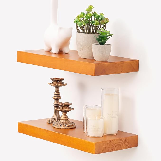 Marsmiles Wood Floating Shelves | Rustic Honey Oak Wall Shelves Set of 2 | 16" W x 7.7" D x 1.6" H Wooden Shelves for Bathroom Living Room Kitchen