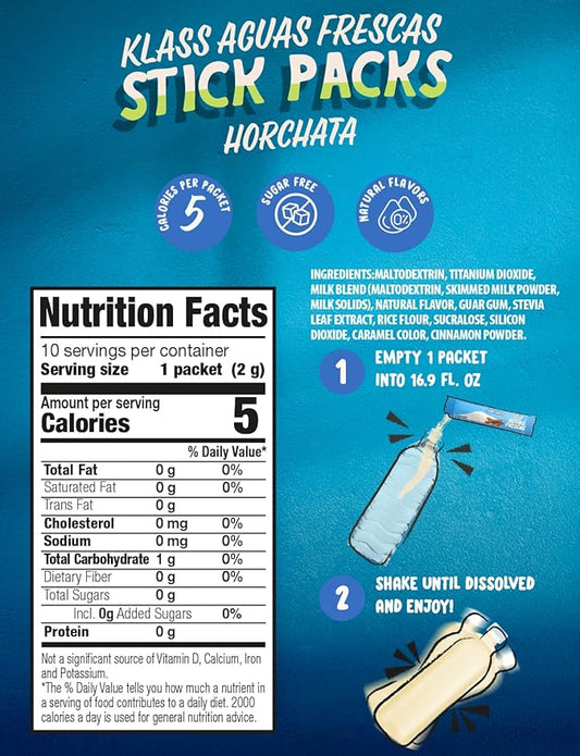 Klass Aguas Frescas, Powdered Drink Mix, 40 Singles Zero Sugar & Caffeine-Free Powder Packets, Water Drink Mix, Flavor: Horchata - 5 Calories Per Packet & Natural Flavors