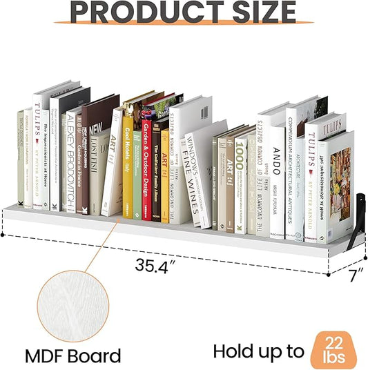 upsimples Floating Book Shelves for Wall, 35.4 Inches Long Floating Wood Shelves for Living Room, Library, Bedroom, Office Organizer and Storage, White