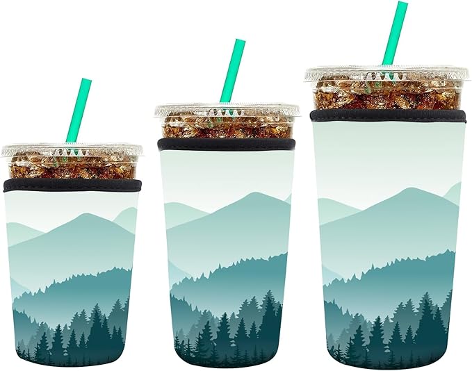 3 Pack Reusable Neoprene Insulator Sleeve for Iced Coffee Cups, Funny Coffee Cup Sleeves for 16-32oz Coffee cups, Cute Drink Sleeve for Cold Hot Beverages Cute Green Mountain