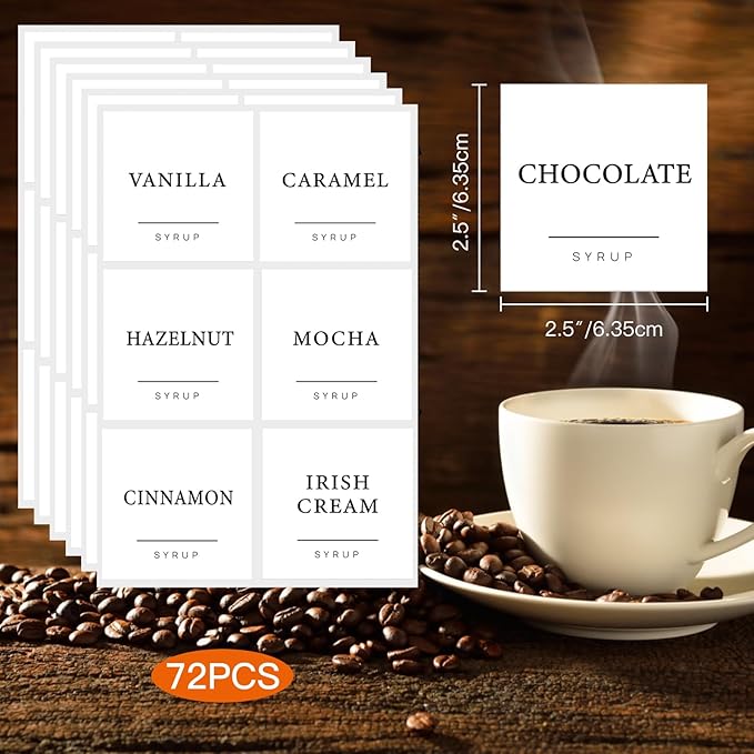 72PCS Coffee Syrup Labels for Coffee Bar,Waterproof Coffee Syrup Pump Stickers,White Coffee Syrup Dispenser Stickers for Glass Bottles(2.5"x2.5")